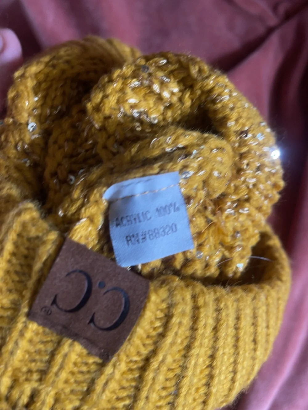 C.C. Exclusives Mustard Yellow Chunky Knit Beanie with Silver Shimmer Like New